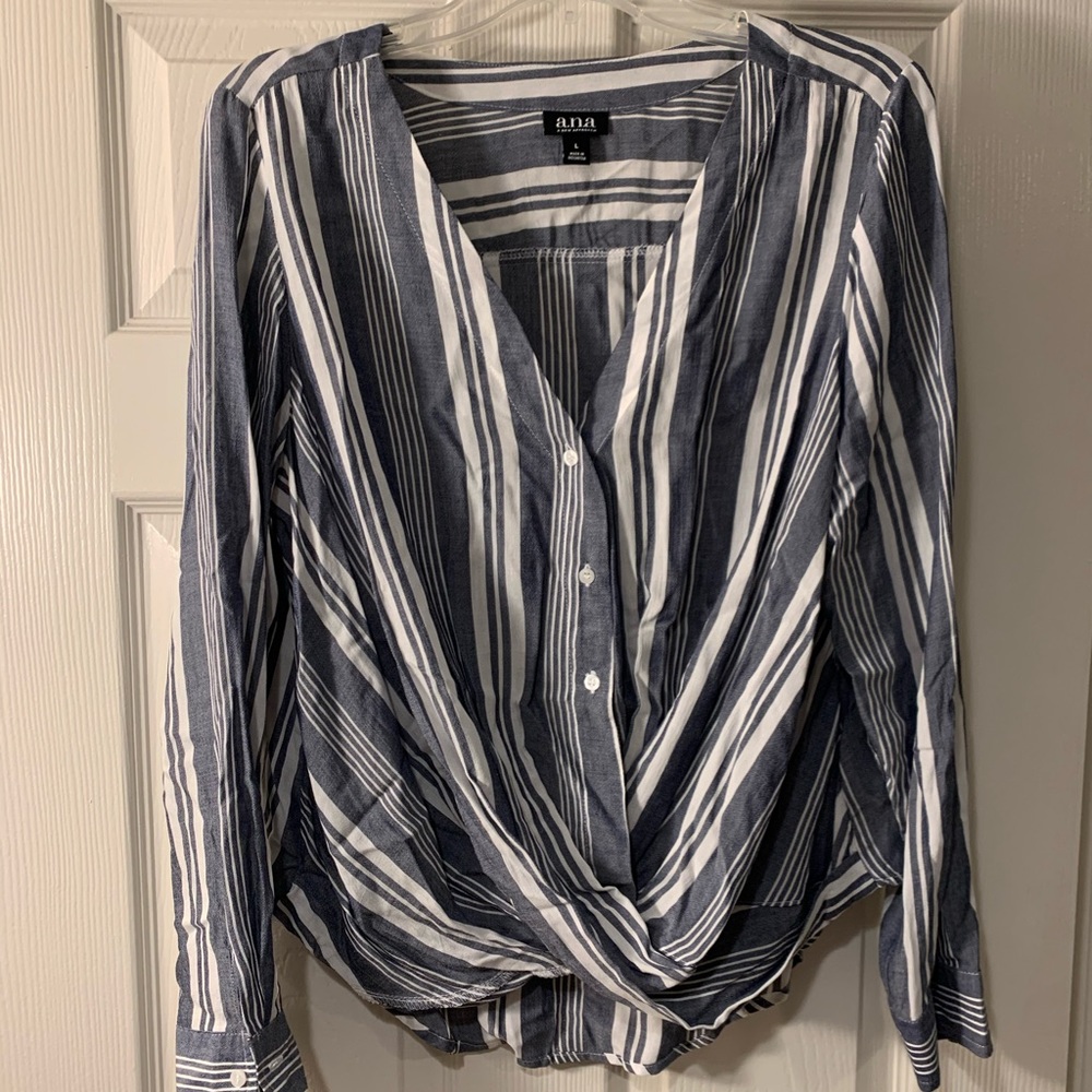 Striped Blue Button Blouse with Cross Bottom